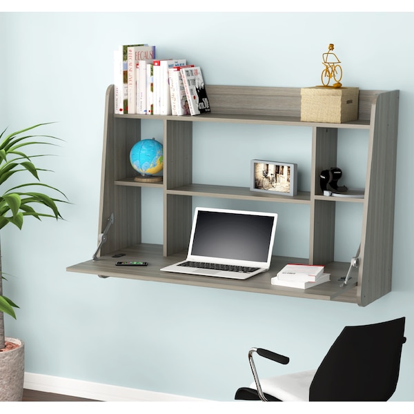 Floating Wall Mounted Desk 43.3 in. W Rectangular Smoke Oak with 6-Shelves